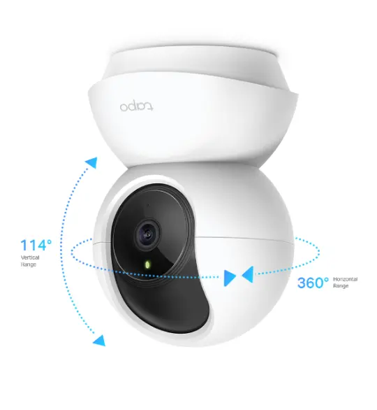 Illustration of the TP-Link Tapo C200 camera highlighting its extensive coverage, showing a 360-degree horizontal pan range and 114-degree vertical tilt range.