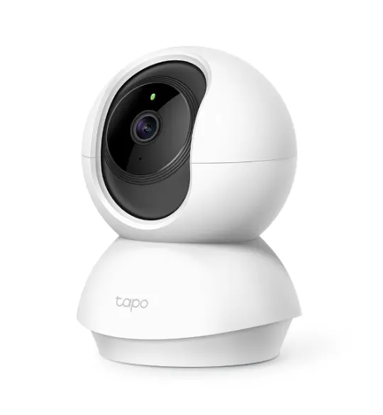 Slightly angled profile view of the spherical TP-Link Tapo C200 home security camera on its rotating base.