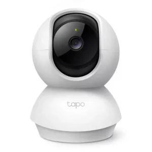 Front view of the white TP-Link Tapo C200 smart pan and tilt indoor Wi-Fi security camera.