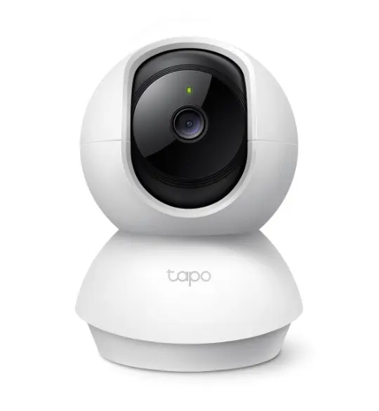 Front view of the white TP-Link Tapo C200 smart pan and tilt indoor Wi-Fi security camera.