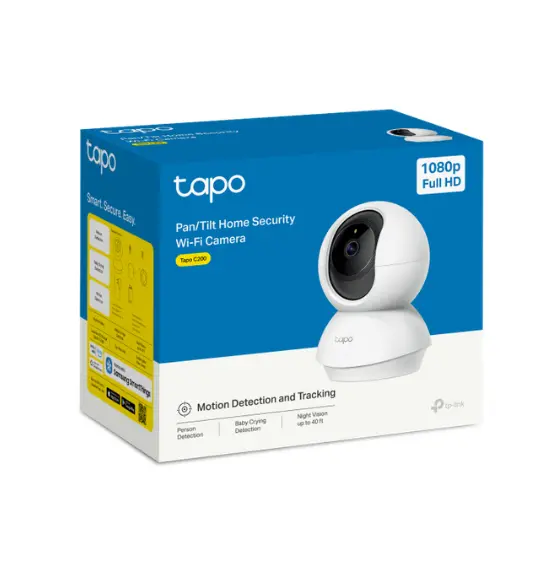 Official blue and white retail packaging box for the TP-Link Tapo C200 Pan/Tilt Home Security Wi-Fi Camera, highlighting 1080p Full HD and motion tracking features.