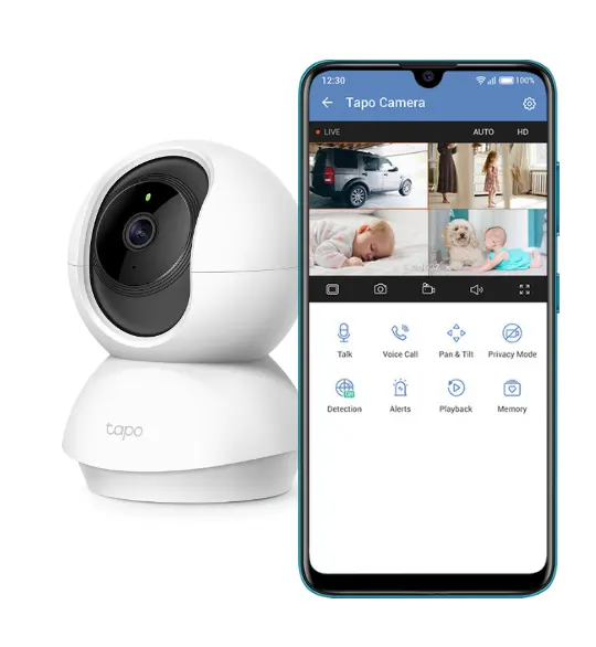 TP-Link Tapo C200 camera displayed next to a smartphone showing the Tapo app interface, featuring a 4-camera live split-screen view and smart control buttons.