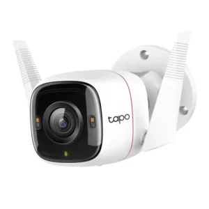 Angled profile view of the TP-Link Tapo C320WS outdoor smart Wi-Fi security camera, featuring dual antennas and a durable white casing.