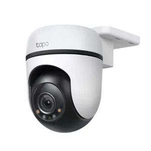 Angled view of the white TP-Link Tapo C500 outdoor pan and tilt smart security camera attached to its mounting bracket.