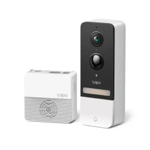 The TP-Link Tapo D230S1 smart video doorbell camera displayed next to its included white indoor chime and storage hub.